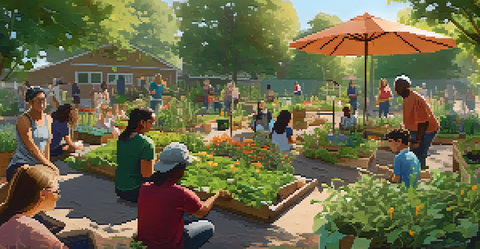 A community garden workshop with an instructor teaching sustainable gardening practices to a diverse group of participants, surrounded by plants and tools in warm light.