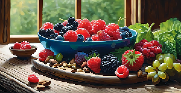 A colorful plate filled with fresh berries, leafy greens, and nuts, illuminated by natural sunlight on a wooden table.
