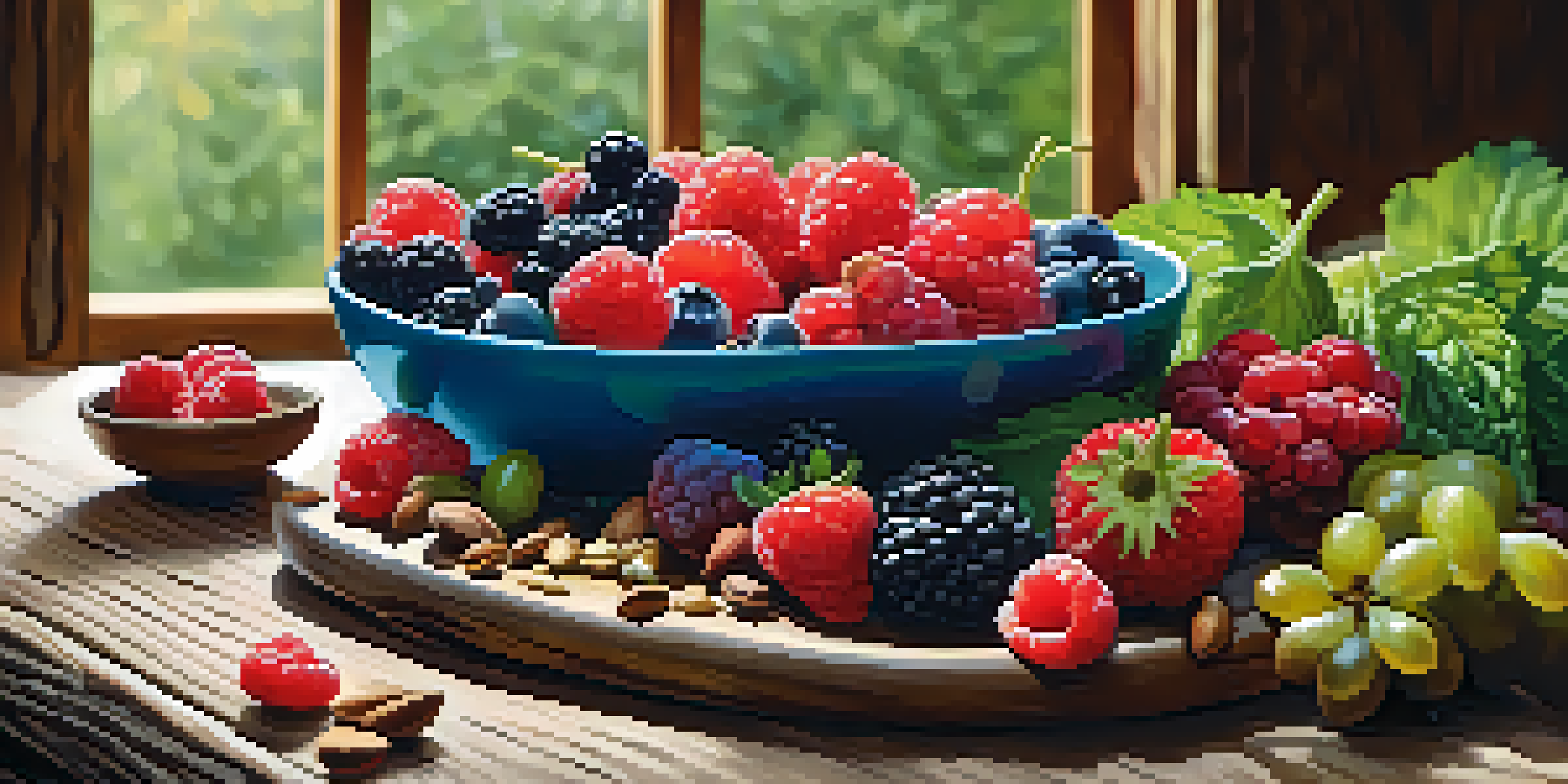 A colorful plate filled with fresh berries, leafy greens, and nuts, illuminated by natural sunlight on a wooden table.