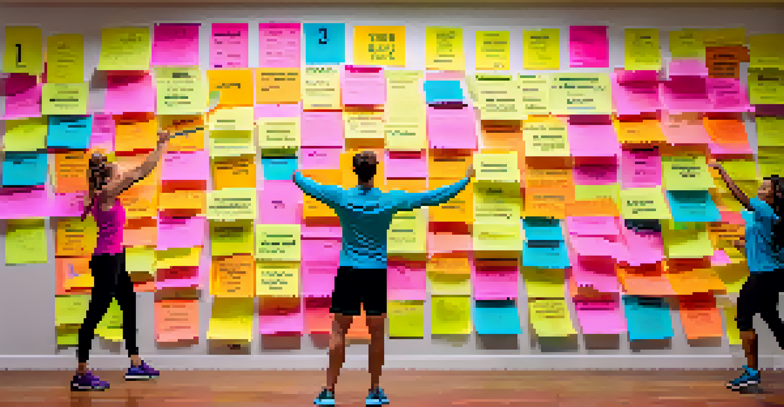 A wall filled with colorful sticky notes outlining fitness goals, with images of people exercising in the background.