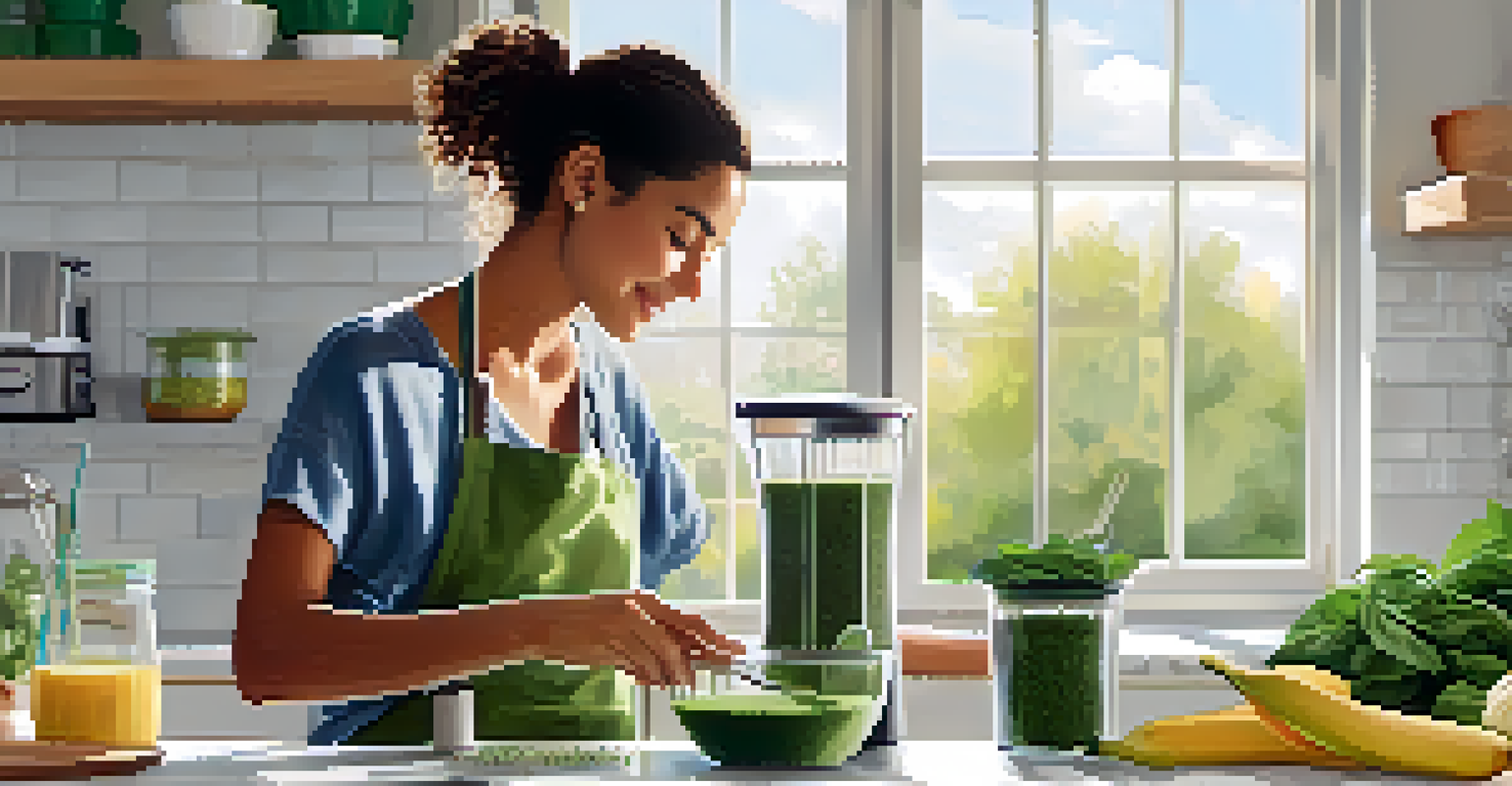 A person preparing a smoothie with spinach, flaxseeds, and chia seeds in a bright modern kitchen.