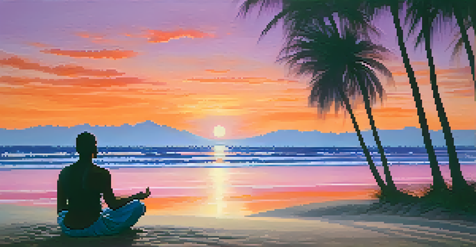 A peaceful sunset beach scene with waves, palm trees, and a person meditating.