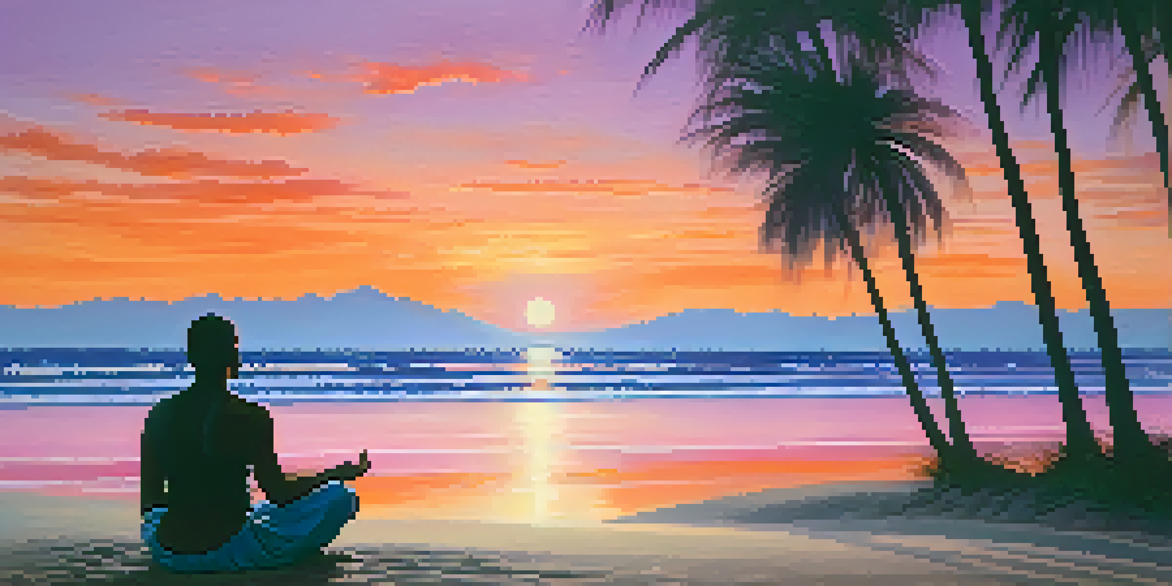 A peaceful sunset beach scene with waves, palm trees, and a person meditating.