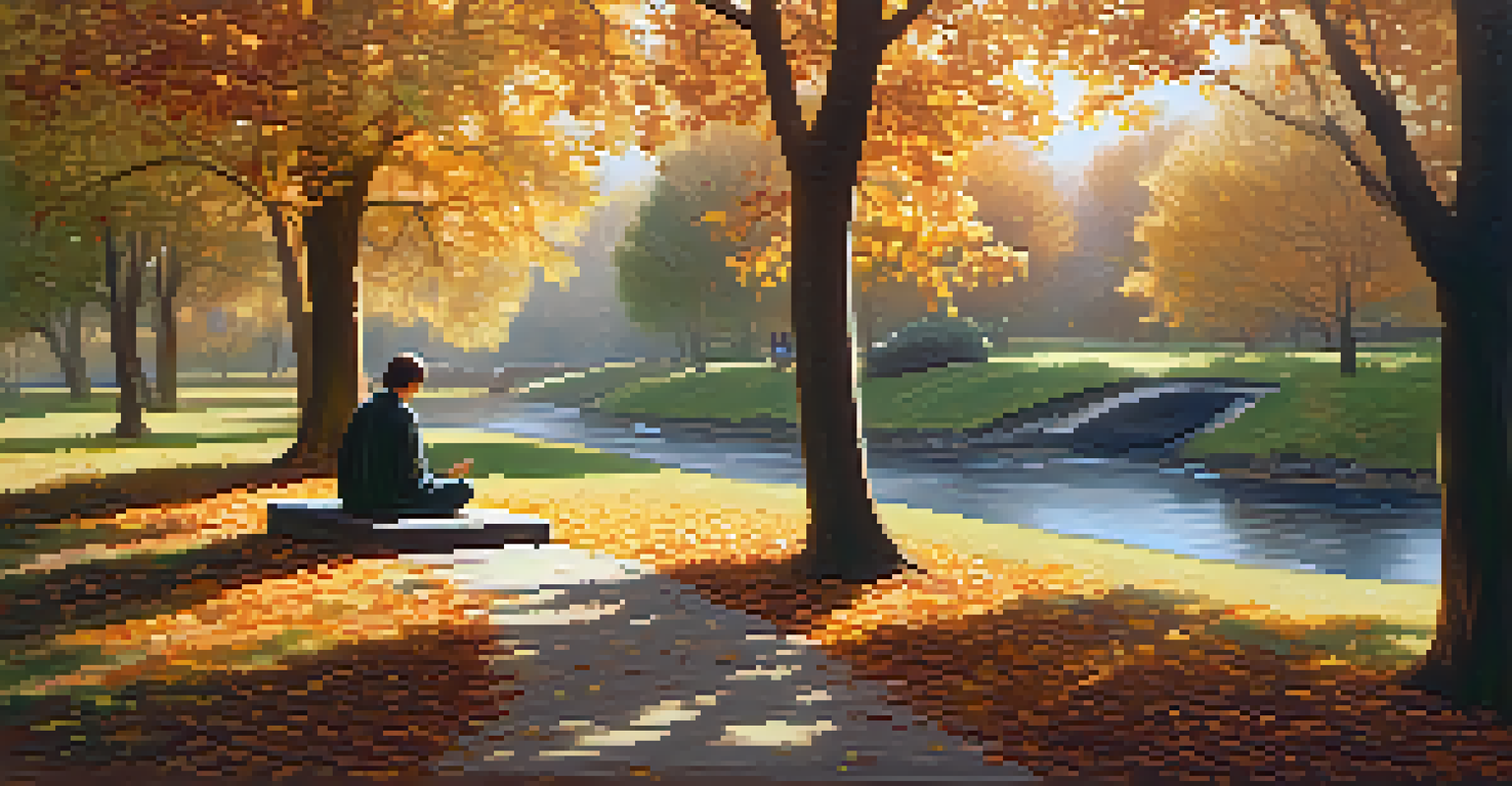 A peaceful park scene in autumn, with colorful leaves, a flowing stream, and a person meditating on the grass.