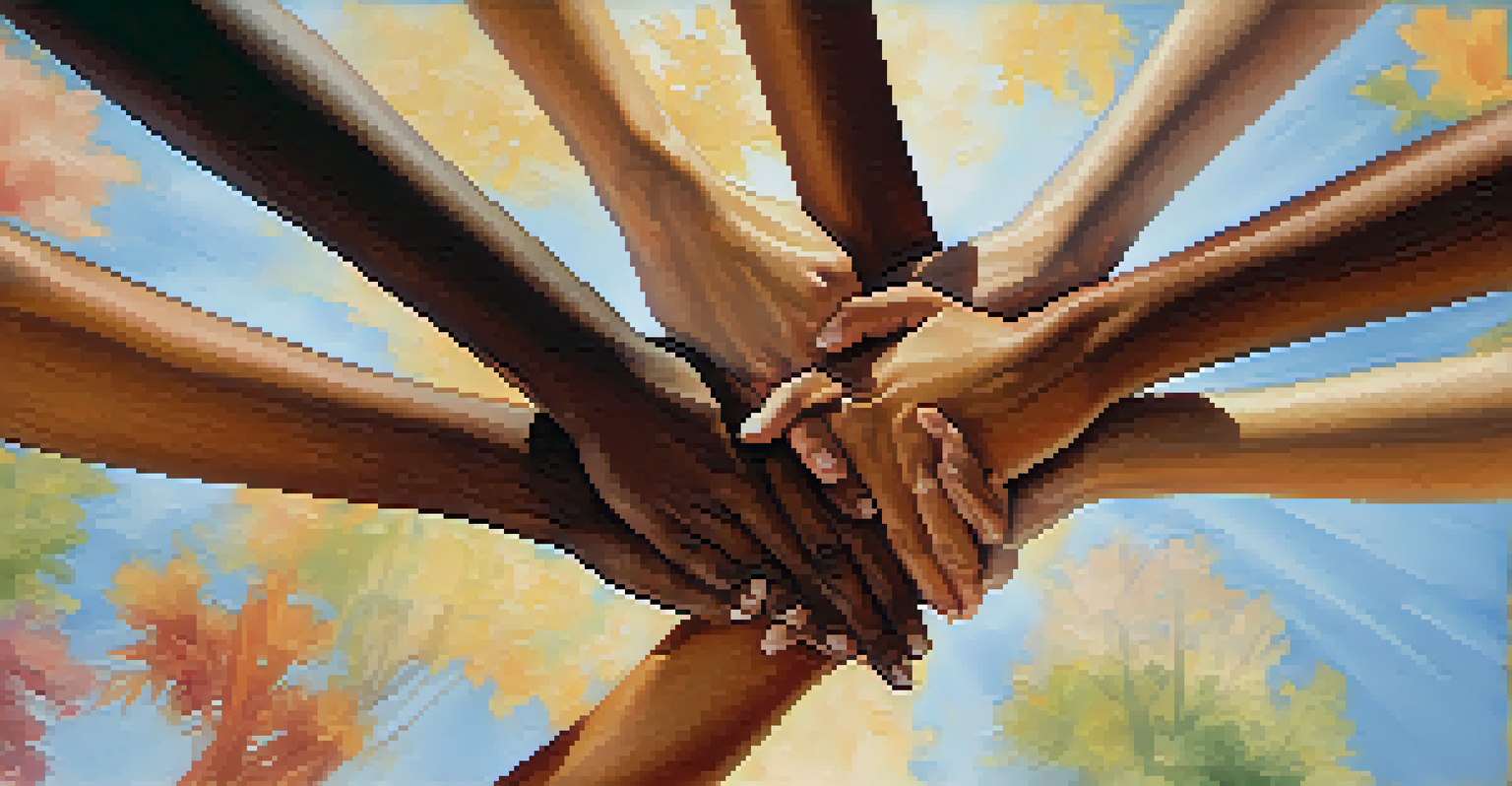 Close-up of diverse hands joining together, symbolizing unity and support in a coaching environment.