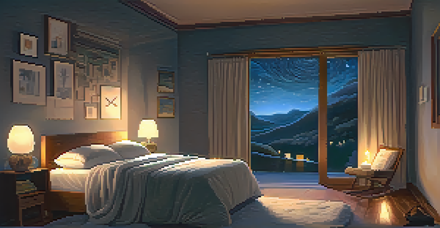 An athlete meditating in a cozy bedroom with candles and a starry night outside the window.