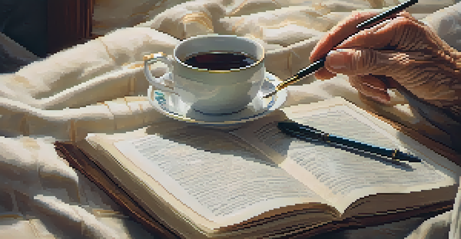 Close-up of an elderly person's hands holding a cup of herbal tea on a bedside table.