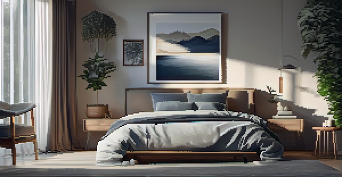 A calming bedroom setup with a cozy bed, soft sheets, and warm lighting, designed for restful sleep.