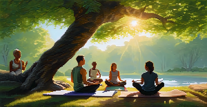 A diverse group of individuals practicing mindfulness in a peaceful outdoor setting, with sunlight filtering through the trees.