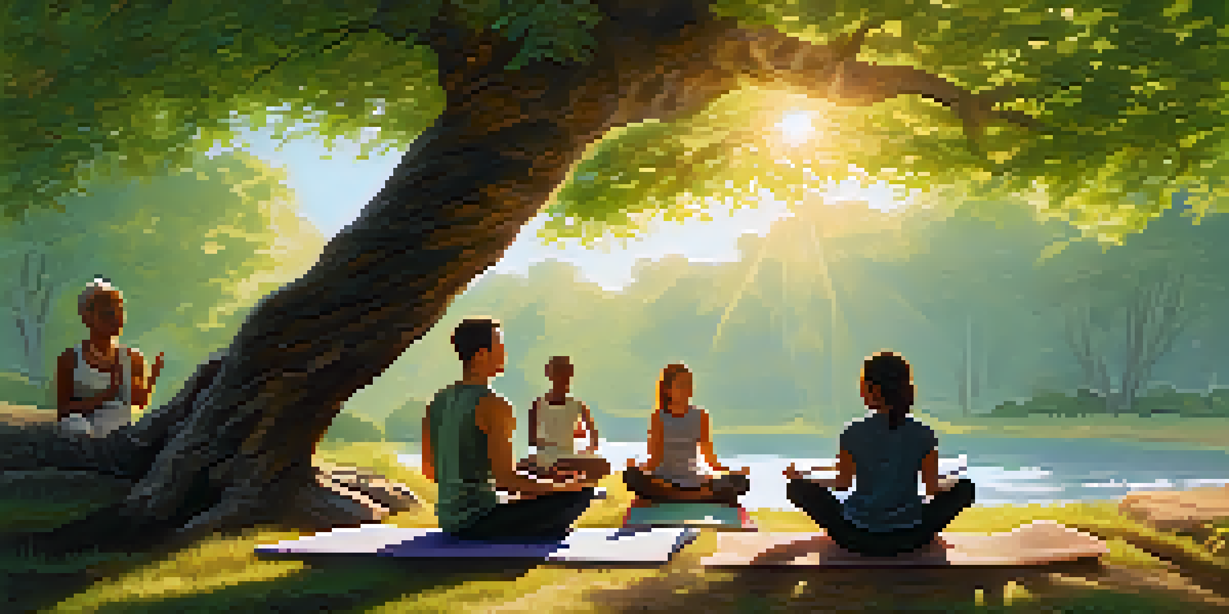 A diverse group of individuals practicing mindfulness in a peaceful outdoor setting, with sunlight filtering through the trees.