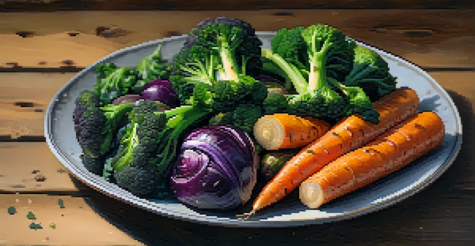 A colorful assortment of roasted vegetables on a rustic wooden table with natural lighting.