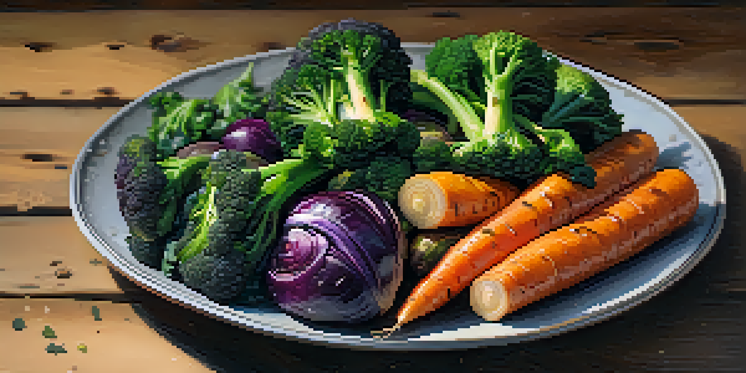 A colorful assortment of roasted vegetables on a rustic wooden table with natural lighting.
