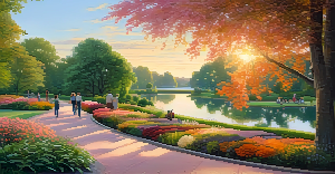 A peaceful park scene with people sitting on benches amidst vibrant flowers and trees, under a colorful sunset sky.