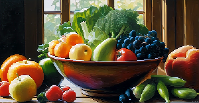 A close-up of a bowl filled with fresh fruits and vegetables, showcasing a variety of colors and textures under natural light.