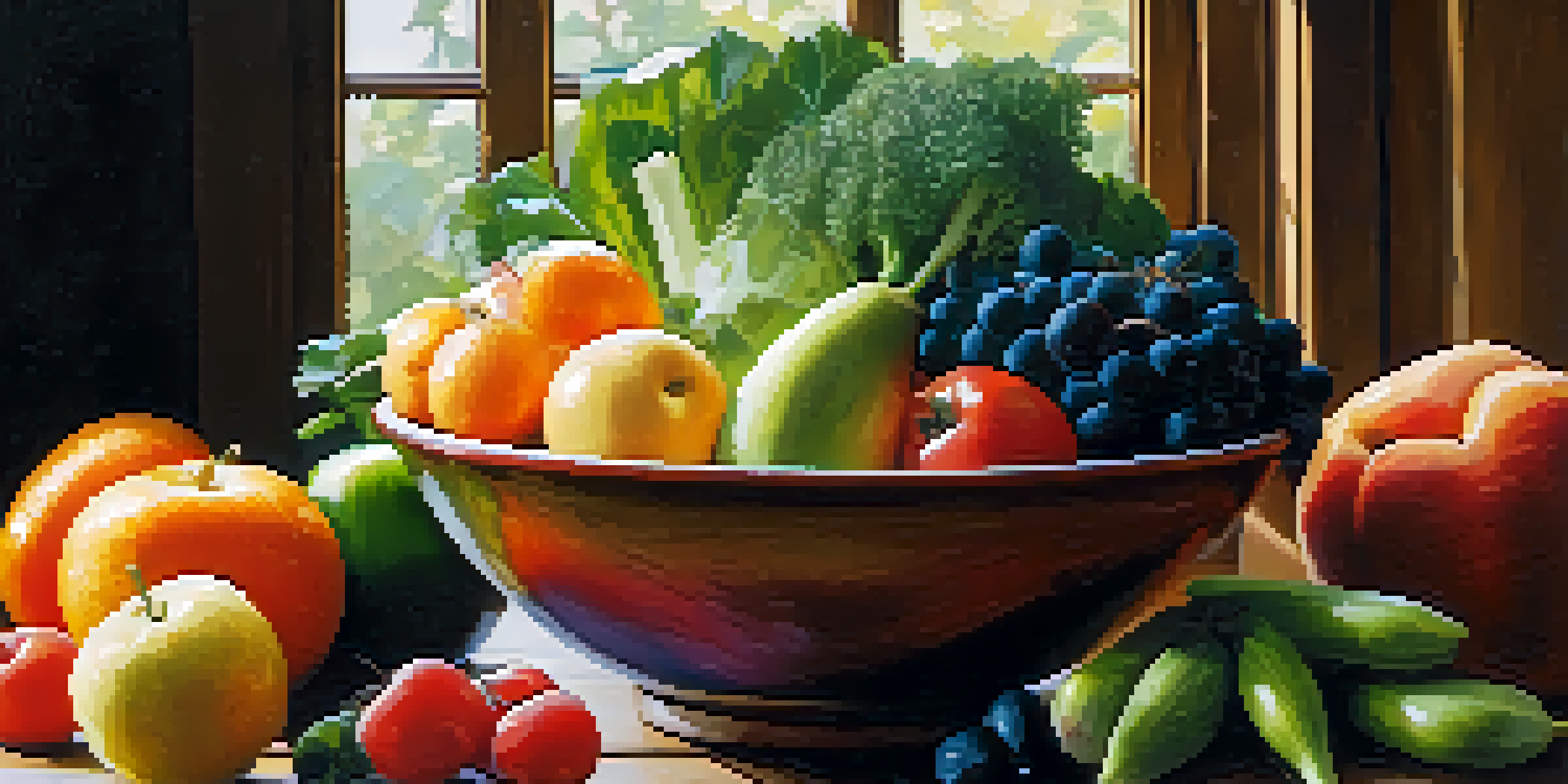 A close-up of a bowl filled with fresh fruits and vegetables, showcasing a variety of colors and textures under natural light.