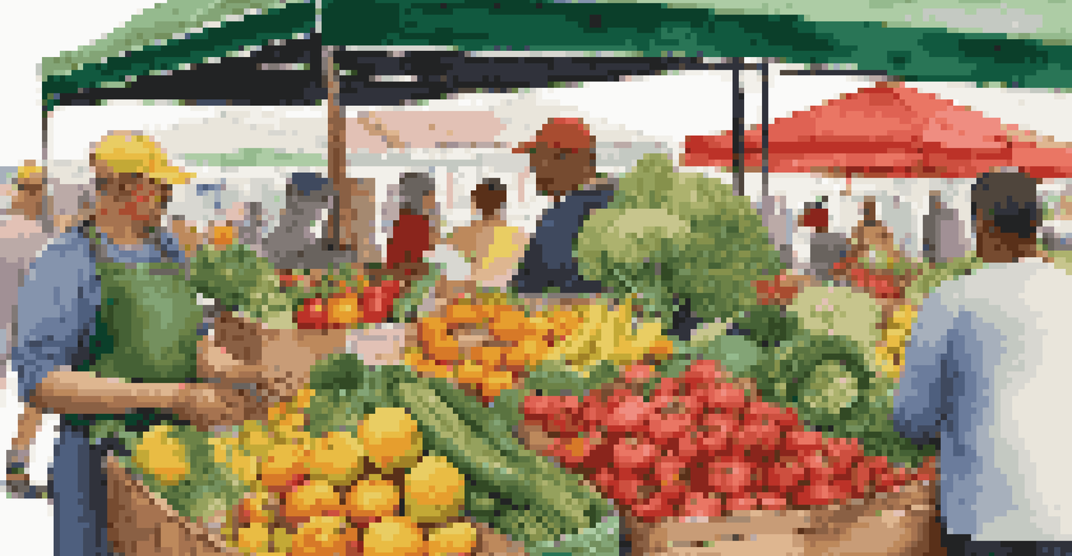 A farmer's market stall filled with fresh produce, showcasing healthy food options.