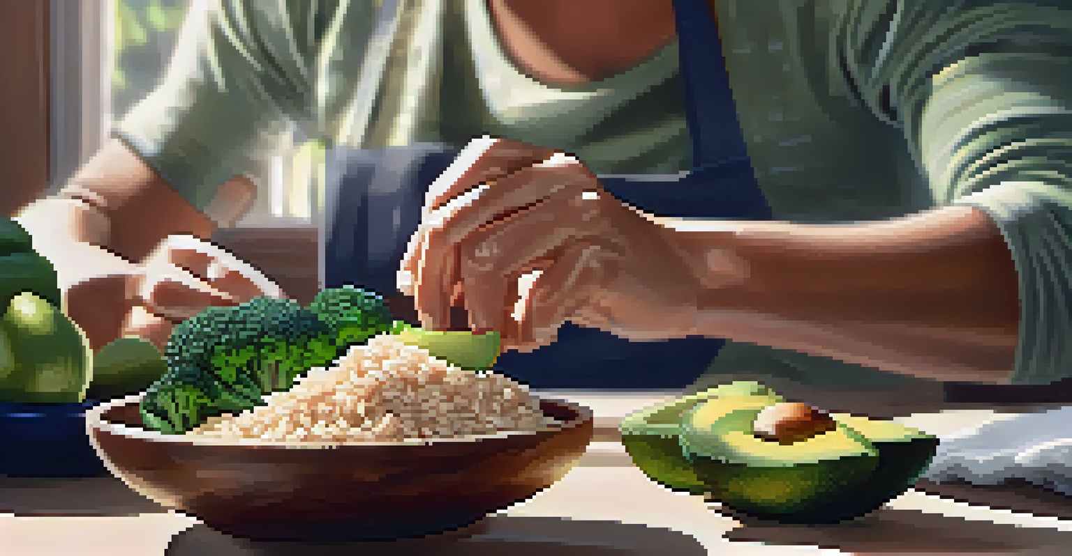 An athlete preparing a healthy post-workout meal with rice, chicken, broccoli, and avocado.
