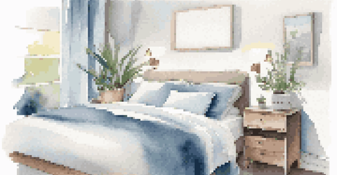 A peaceful bedroom setup with soft lighting, a neatly made bed, blackout curtains, and a small plant on the nightstand.