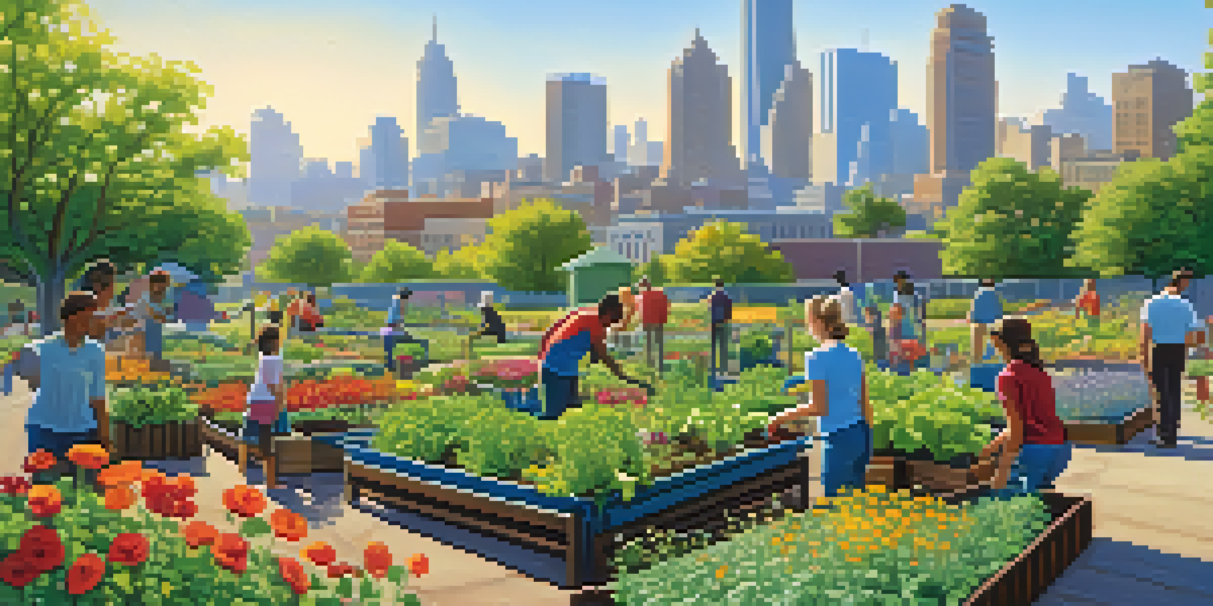 A lively community garden with people planting flowers and vegetables, surrounded by a city skyline under a bright blue sky.