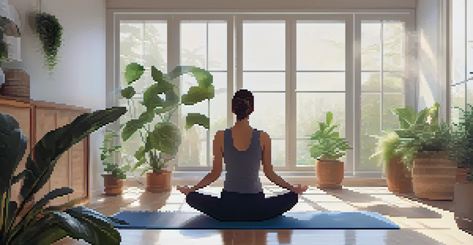 A peaceful indoor yoga space with a person practicing on a mat, surrounded by plants and soft light.