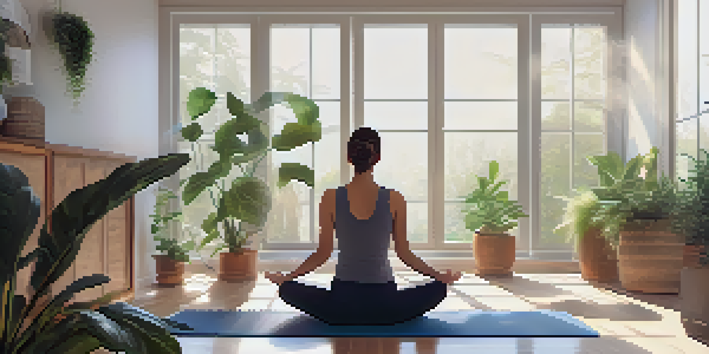 A peaceful indoor yoga space with a person practicing on a mat, surrounded by plants and soft light.