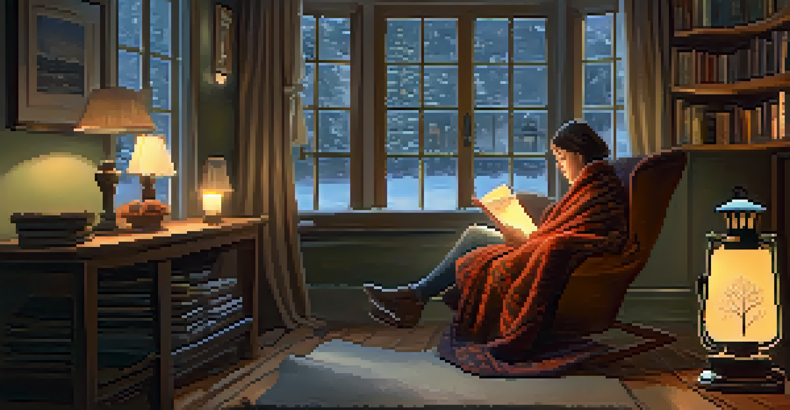 A person reading a book in a cozy room with snow falling outside the window.