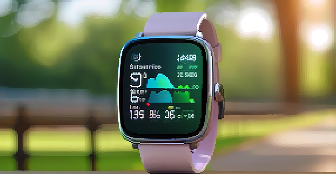 A close-up of a smartwatch showing health metrics while a blurred background features a person jogging in a park.