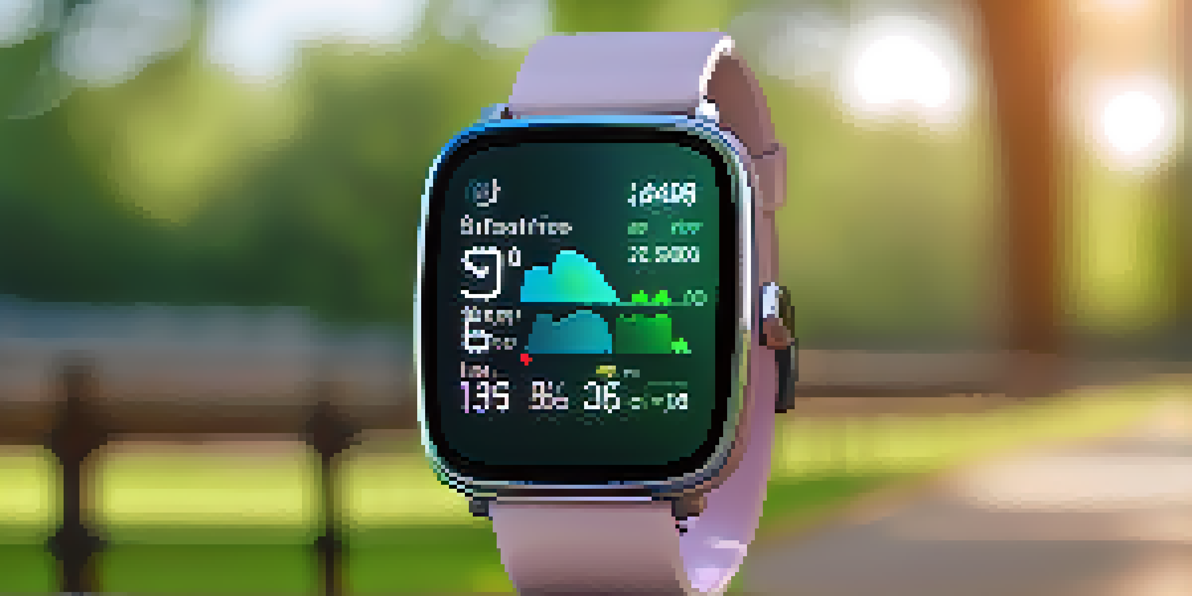 A close-up of a smartwatch showing health metrics while a blurred background features a person jogging in a park.