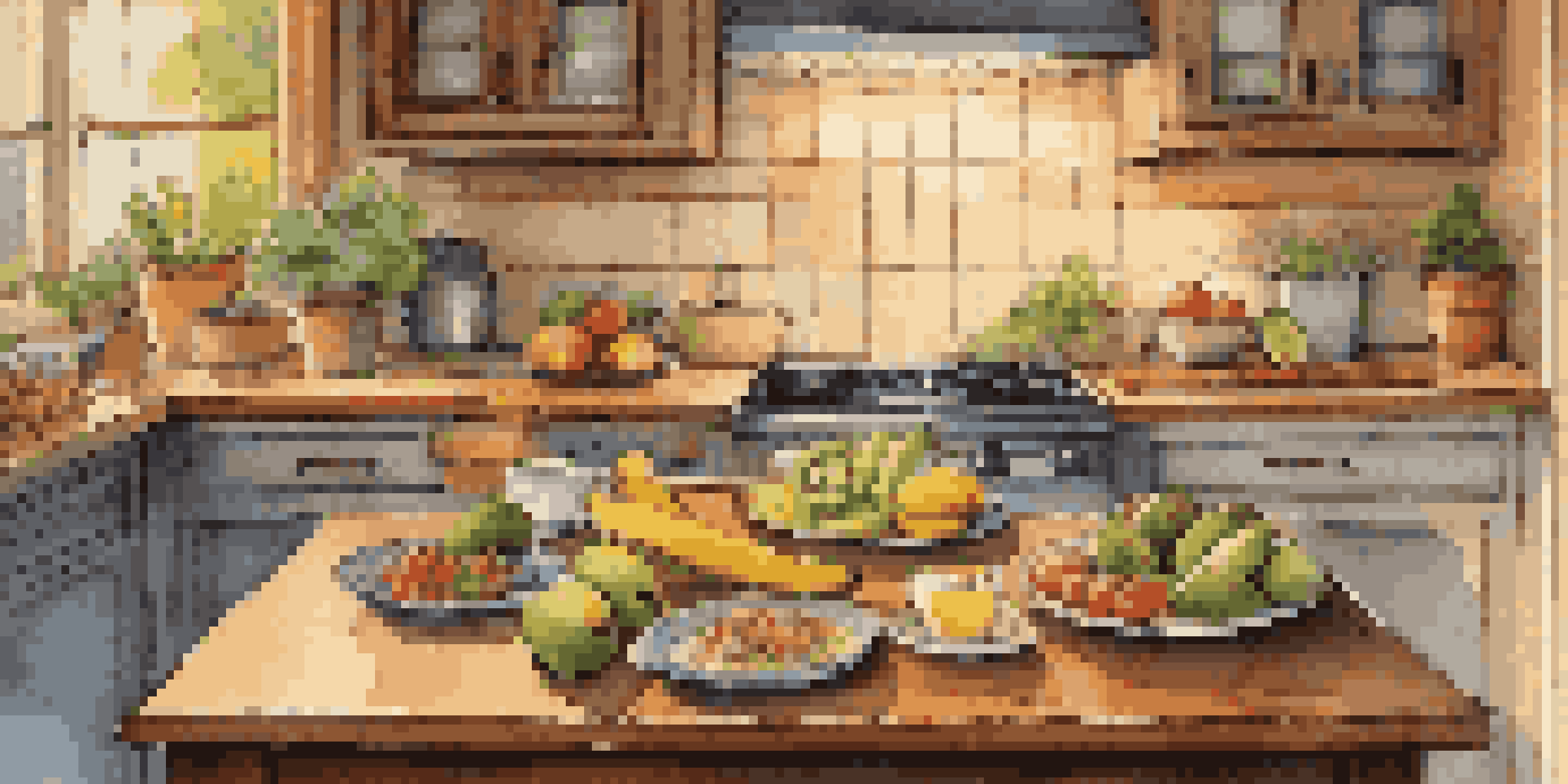 A cozy kitchen with a wooden table displaying a healthy meal plan including turkey, kiwi, bananas, and a glass of herbal tea, illuminated by soft warm lighting.