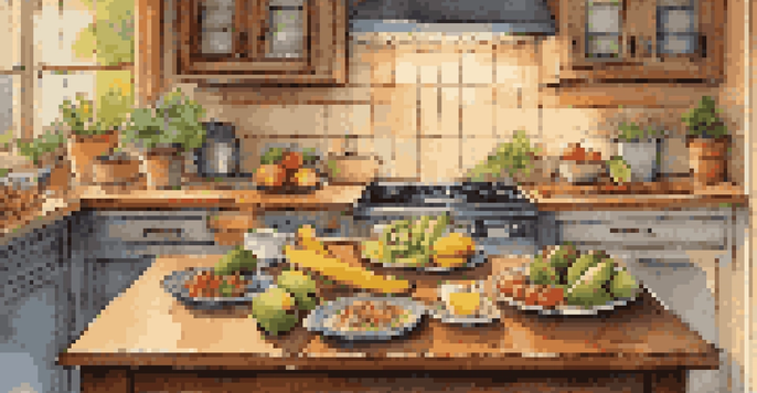 A cozy kitchen with a wooden table displaying a healthy meal plan including turkey, kiwi, bananas, and a glass of herbal tea, illuminated by soft warm lighting.