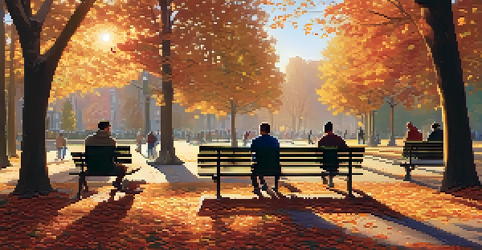 A peaceful park with men jogging, reading, and playing frisbee under soft golden sunlight with colorful autumn leaves.