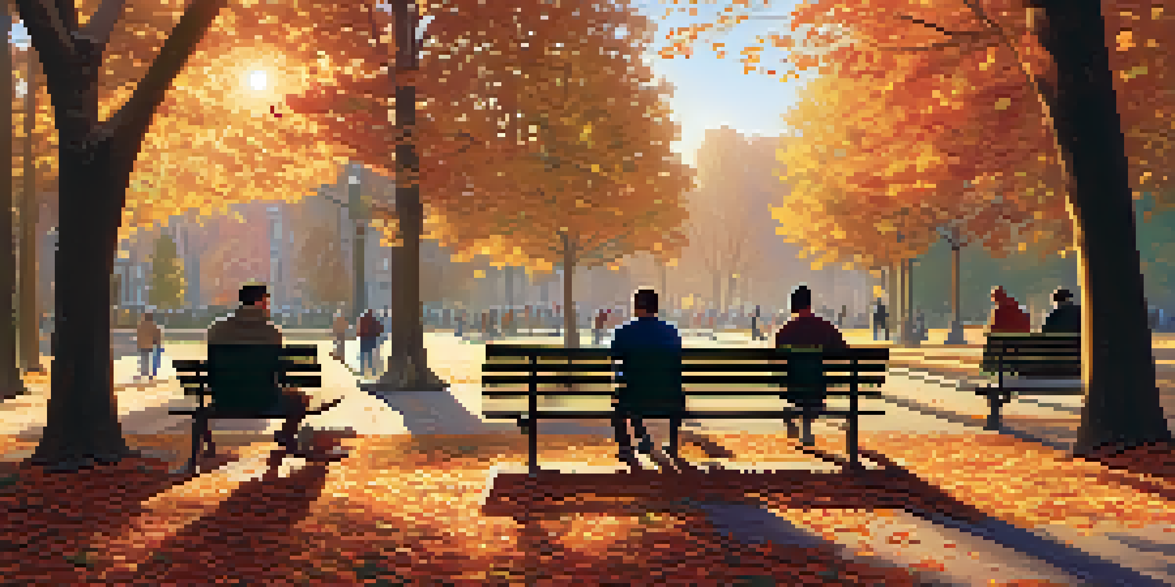 A peaceful park with men jogging, reading, and playing frisbee under soft golden sunlight with colorful autumn leaves.