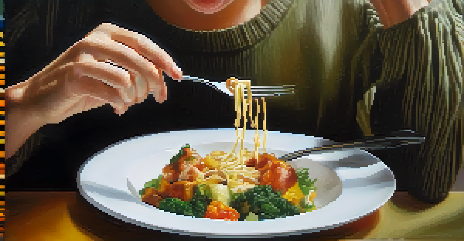 A close-up of a person enjoying a bite of food, showcasing the textures and colors, with a focus on mindfulness.