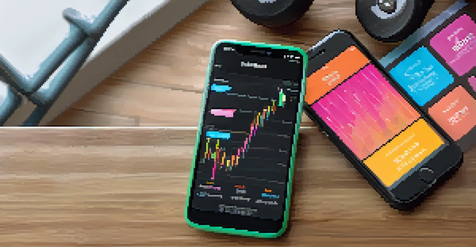 A smartphone on a wooden table showing a fitness app, surrounded by dumbbells and a water bottle, illuminated by natural light.