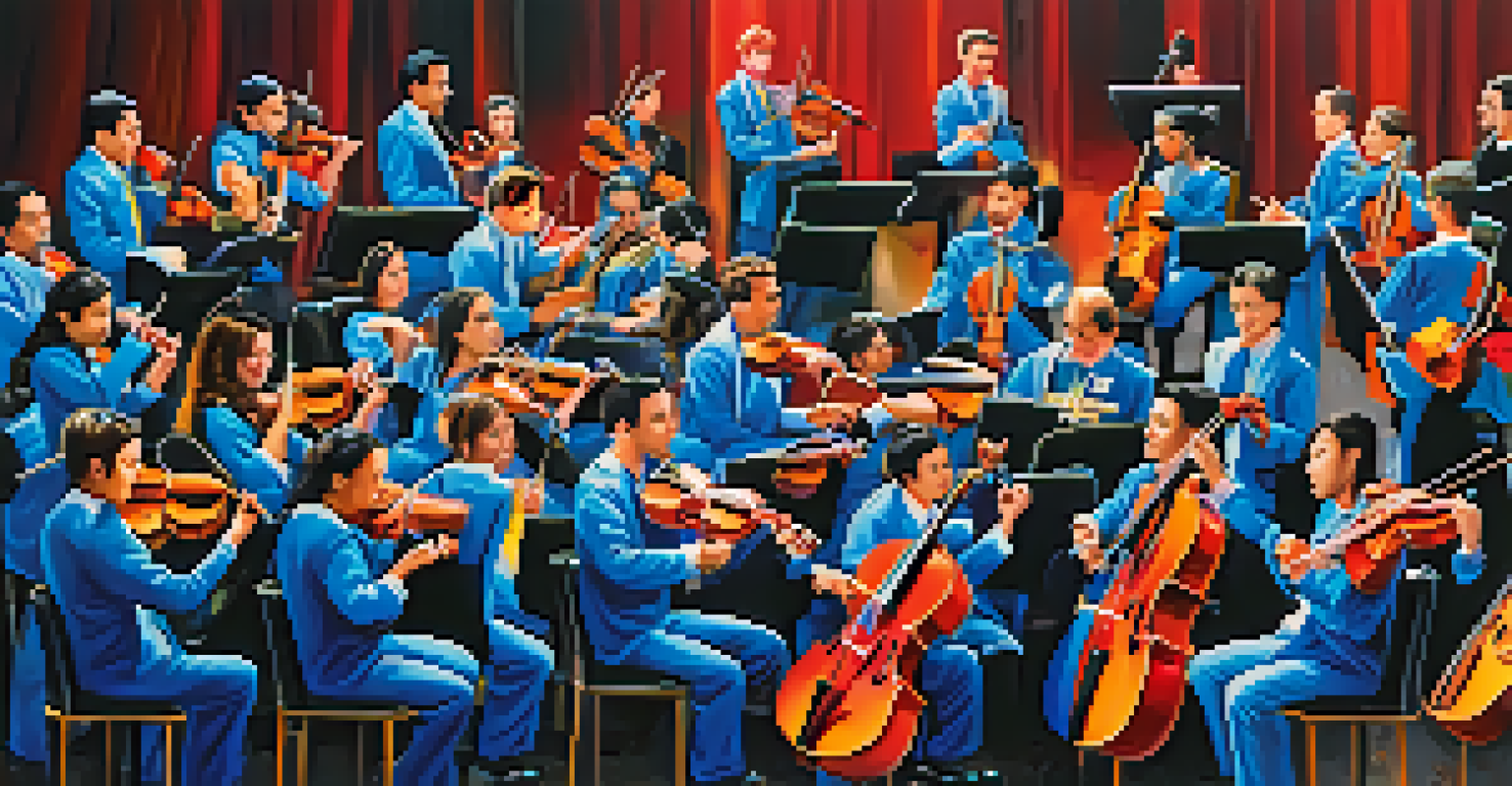 Artistic representation of a symphony orchestra, where each musician symbolizes different healthcare disciplines, creating harmony in patient care.
