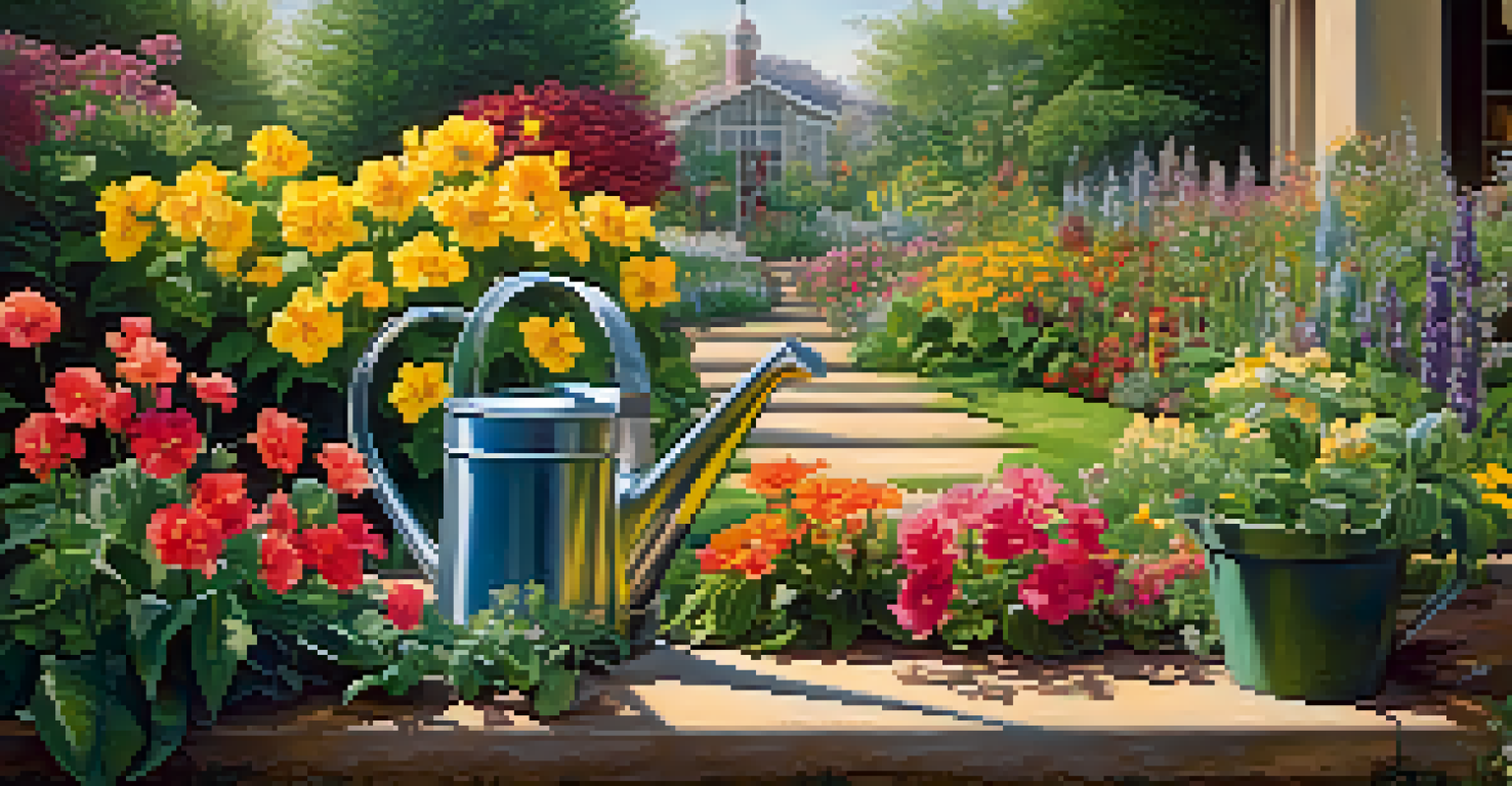 A lush garden with colorful flowers and a watering can, symbolizing the nurturing of gratitude under soft sunlight.