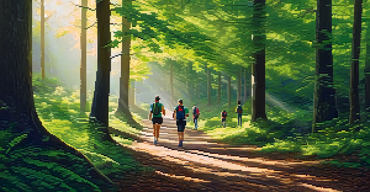 Participants hiking on a forest trail, with sunlight filtering through the trees and lush greenery all around.