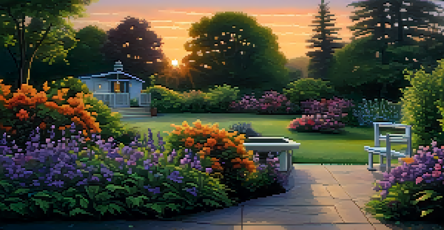 A peaceful garden at dusk with colorful flowers, a small bench, and a sunset sky.
