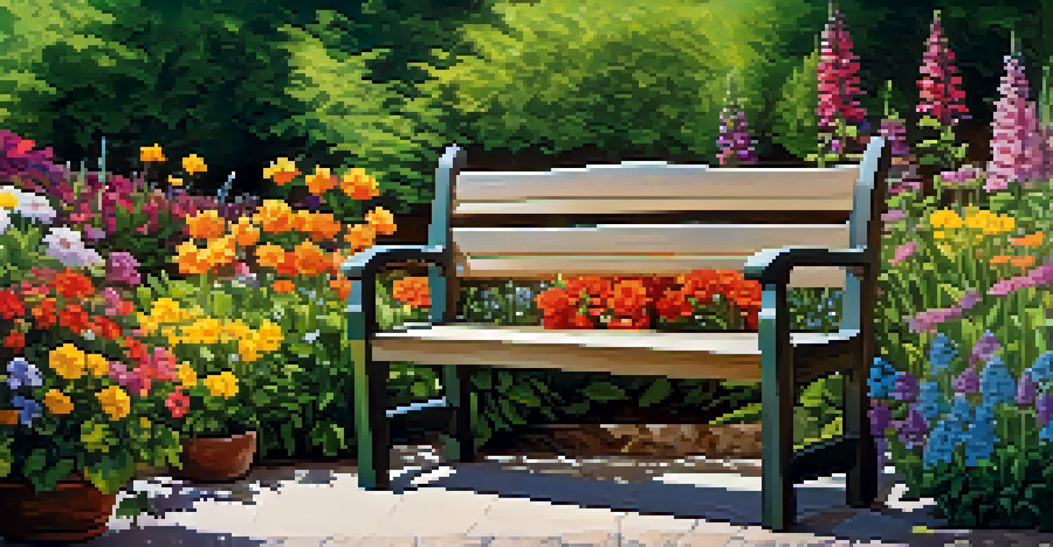A colorful garden with blooming flowers and a wooden bench under a clear blue sky, promoting relaxation and enjoyment of nature.
