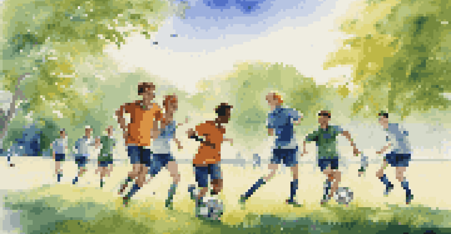 A group of teenagers playing soccer on a green field, showing teamwork and resilience under a clear blue sky.