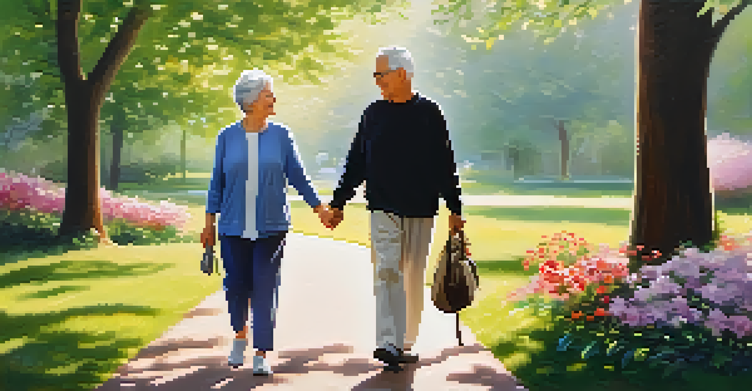 An elderly couple walking together in a sunny park, surrounded by trees and flowers.