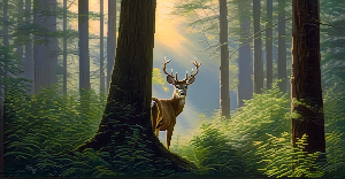 A peaceful forest scene at dawn with a deer hiding behind a bush, softly lit by the morning light.
