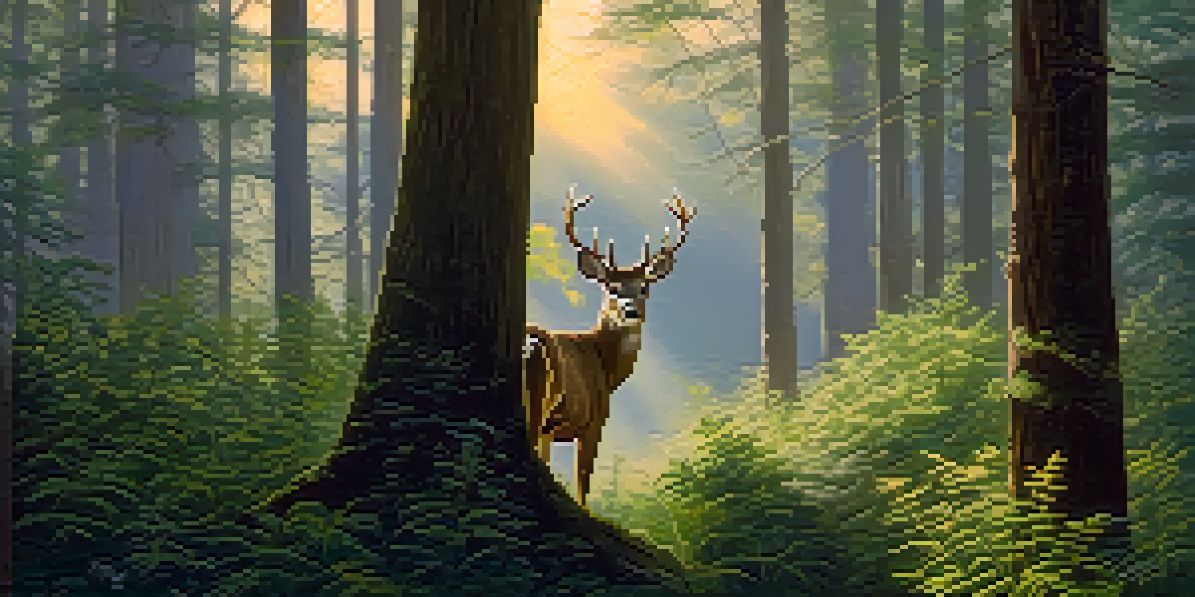 A peaceful forest scene at dawn with a deer hiding behind a bush, softly lit by the morning light.