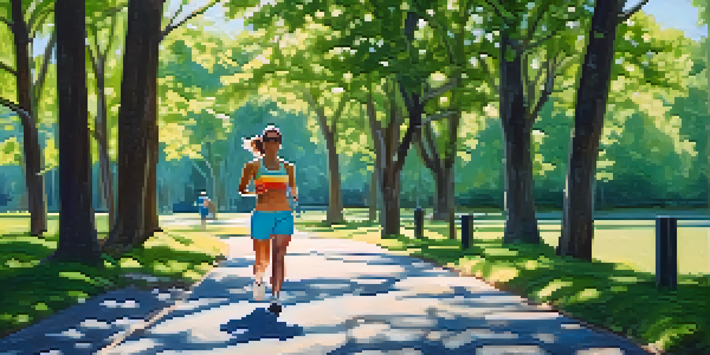 A person jogging in a sunny park while holding a reusable water bottle, surrounded by greenery.