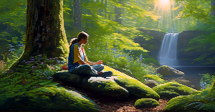 A person meditating on a mossy rock in a sunlit forest, surrounded by greenery and wildflowers.