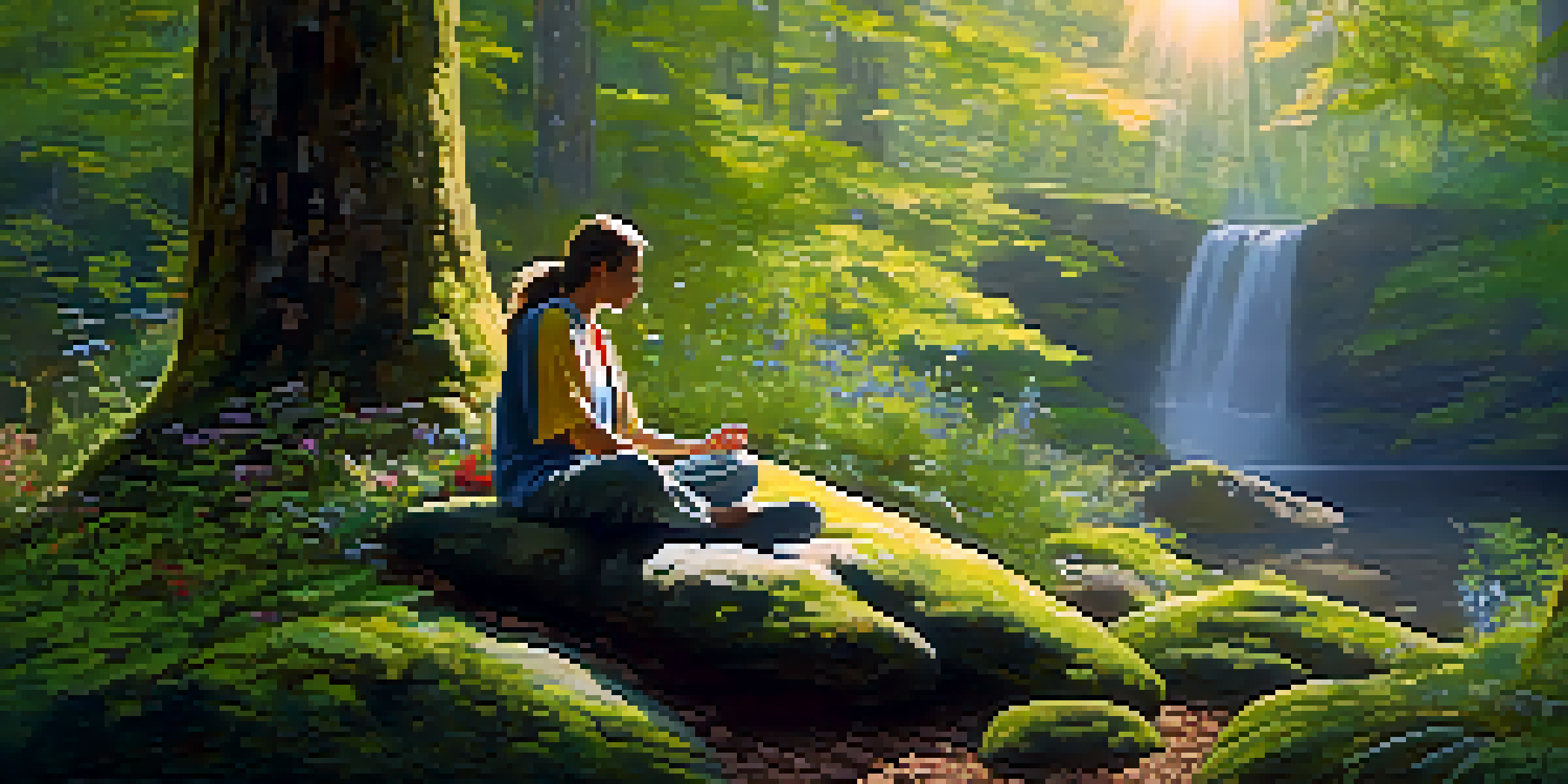 A person meditating on a mossy rock in a sunlit forest, surrounded by greenery and wildflowers.