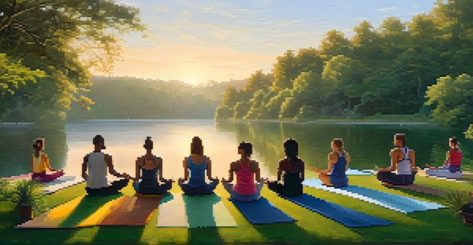 A diverse group of people practicing yoga at sunrise in a peaceful outdoor setting with greenery and a lake.