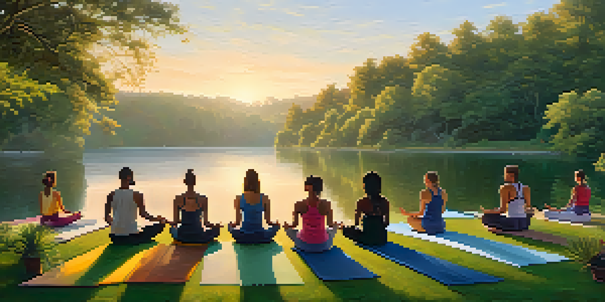 A diverse group of people practicing yoga at sunrise in a peaceful outdoor setting with greenery and a lake.