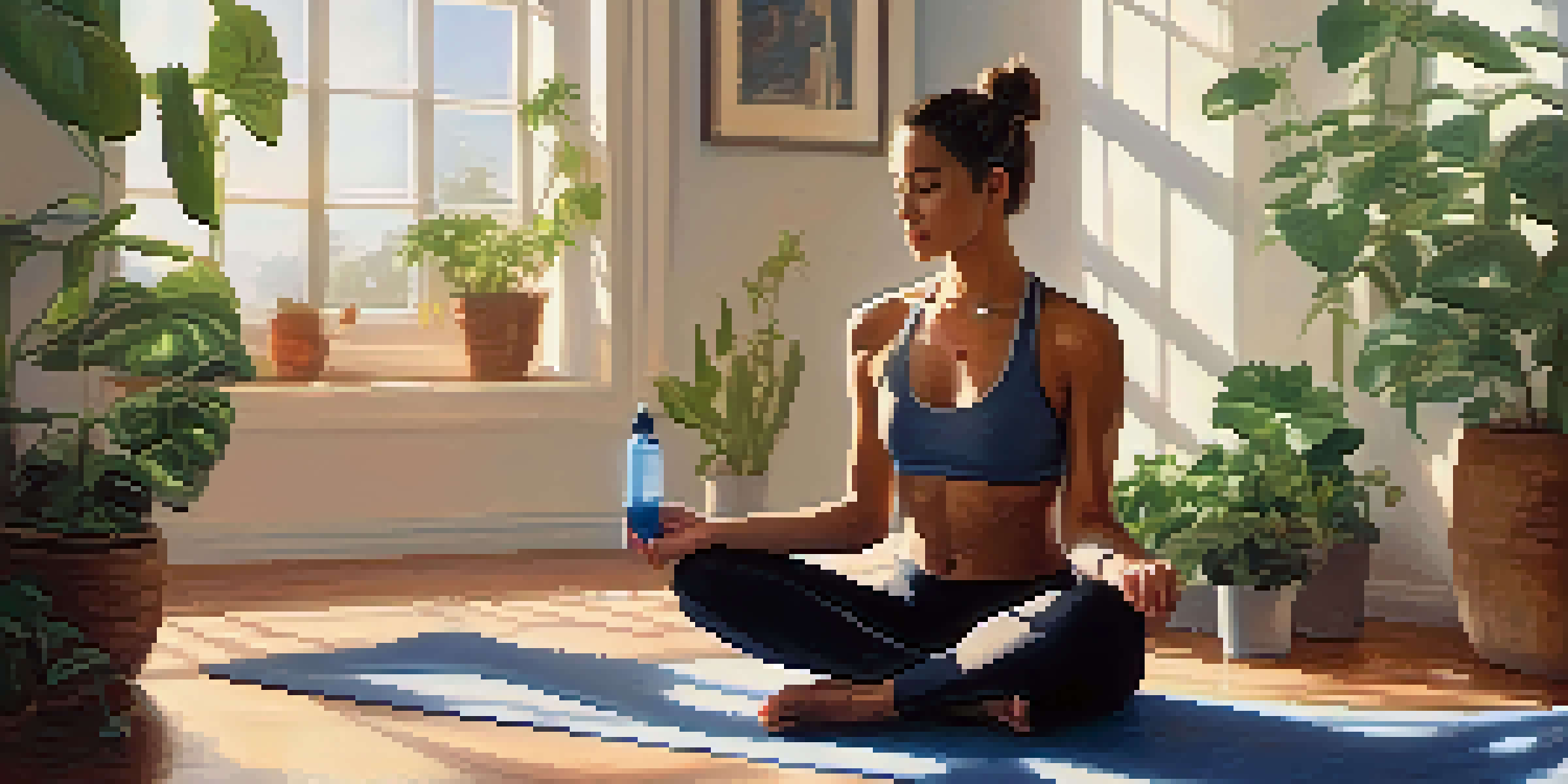 A fit person sitting on a yoga mat in a bright room, drinking water and surrounded by plants.