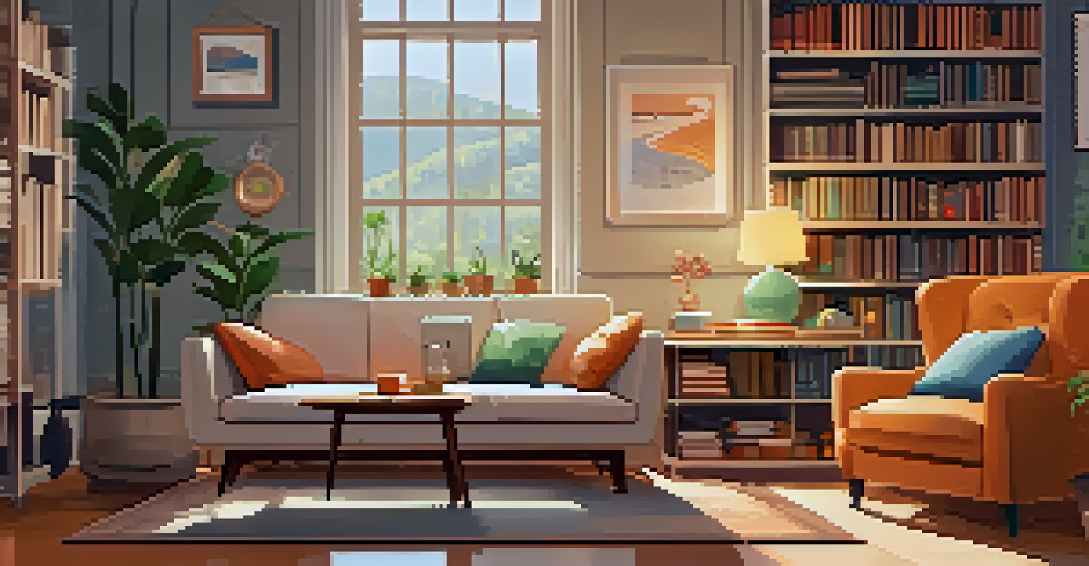 A person interacting with a health chatbot on a tablet in a cozy living room, with warm lighting, cushions, and a pet cat resting nearby.